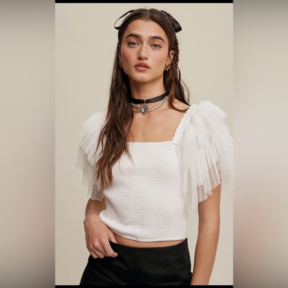 White Puff Sleeve Smocked Women's Top - Brand: